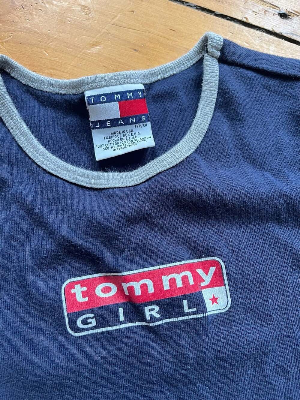 Tommy Jeans Ringer T-Shirt Size S Blue Cotton Graphic Short Sleeve y2k 90s